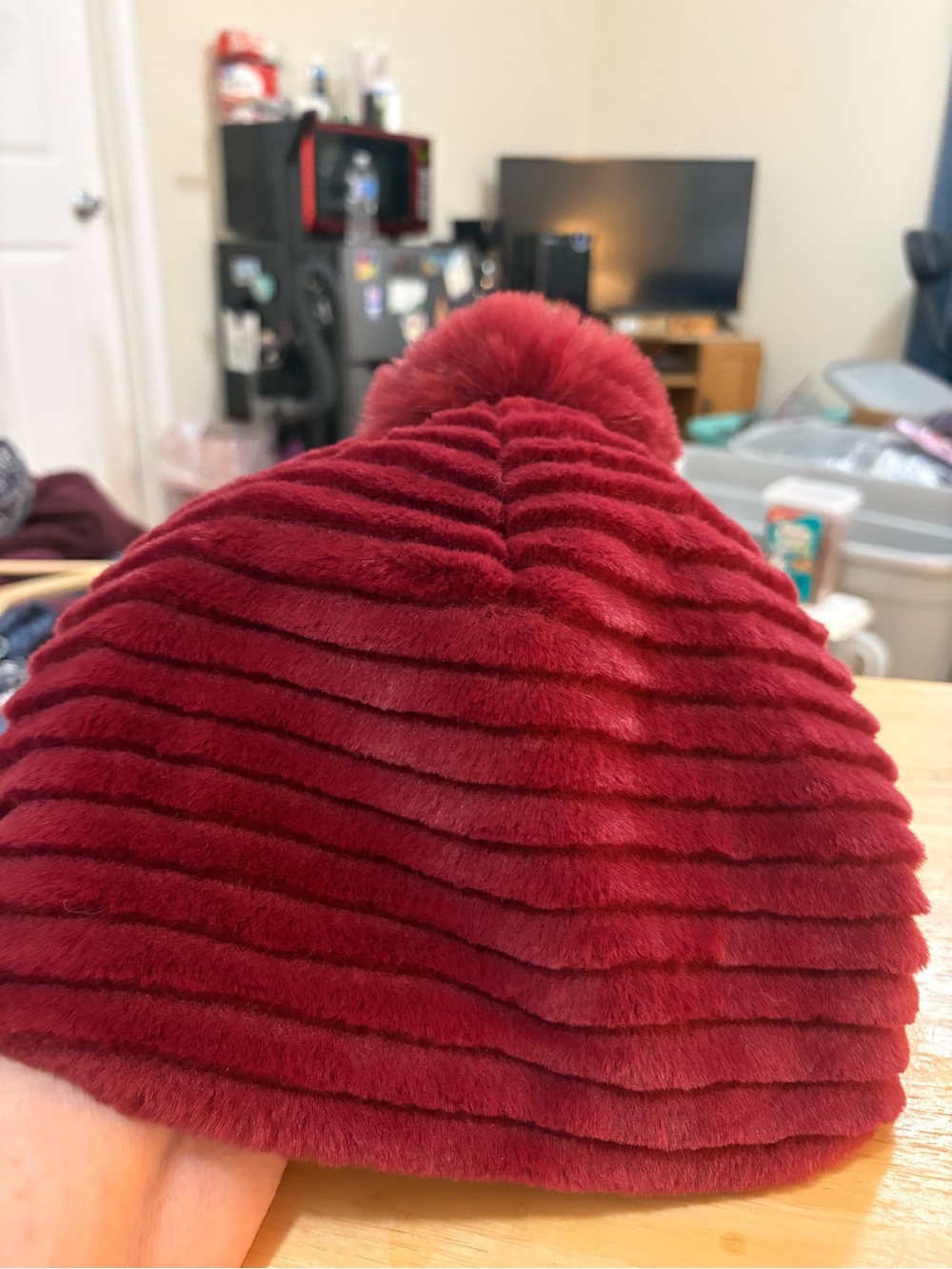 Plush Pom-Pom Beanie Hat - Burgundy Sprigs brand S/M size